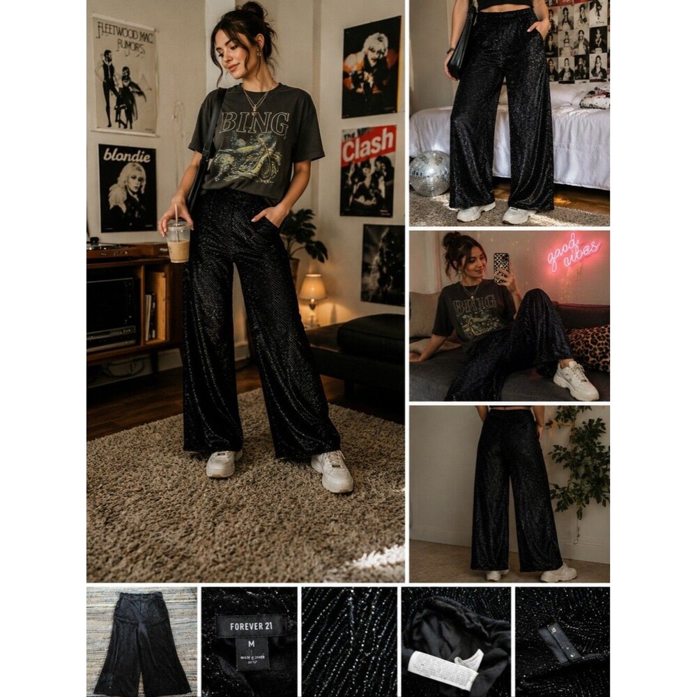 Wide Leg M Metallic Glitter Silver Pinstripes Fun Cluttercore Mcbling Y2K - Picture 12 of 12